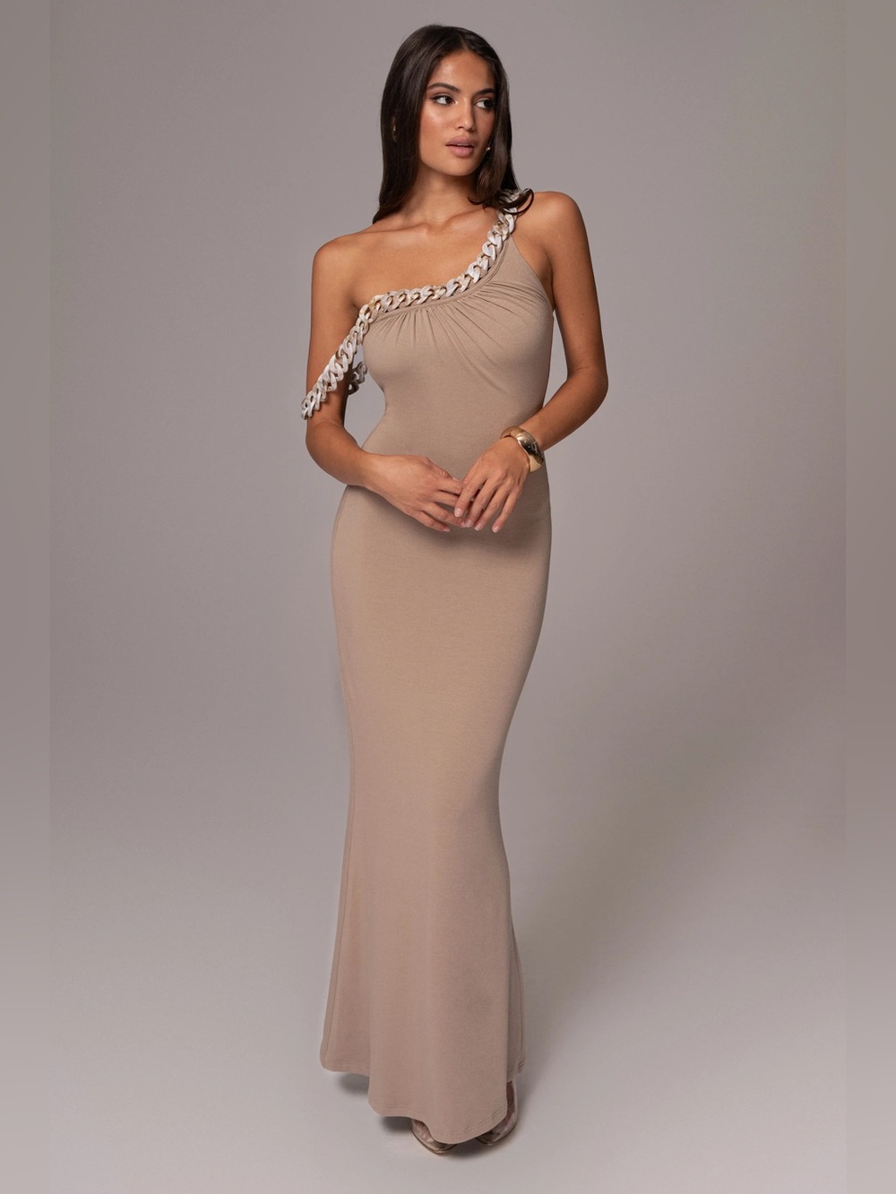 JLUXLABEL One-Shoulder Taupe Maxi Dress with Chain Detail